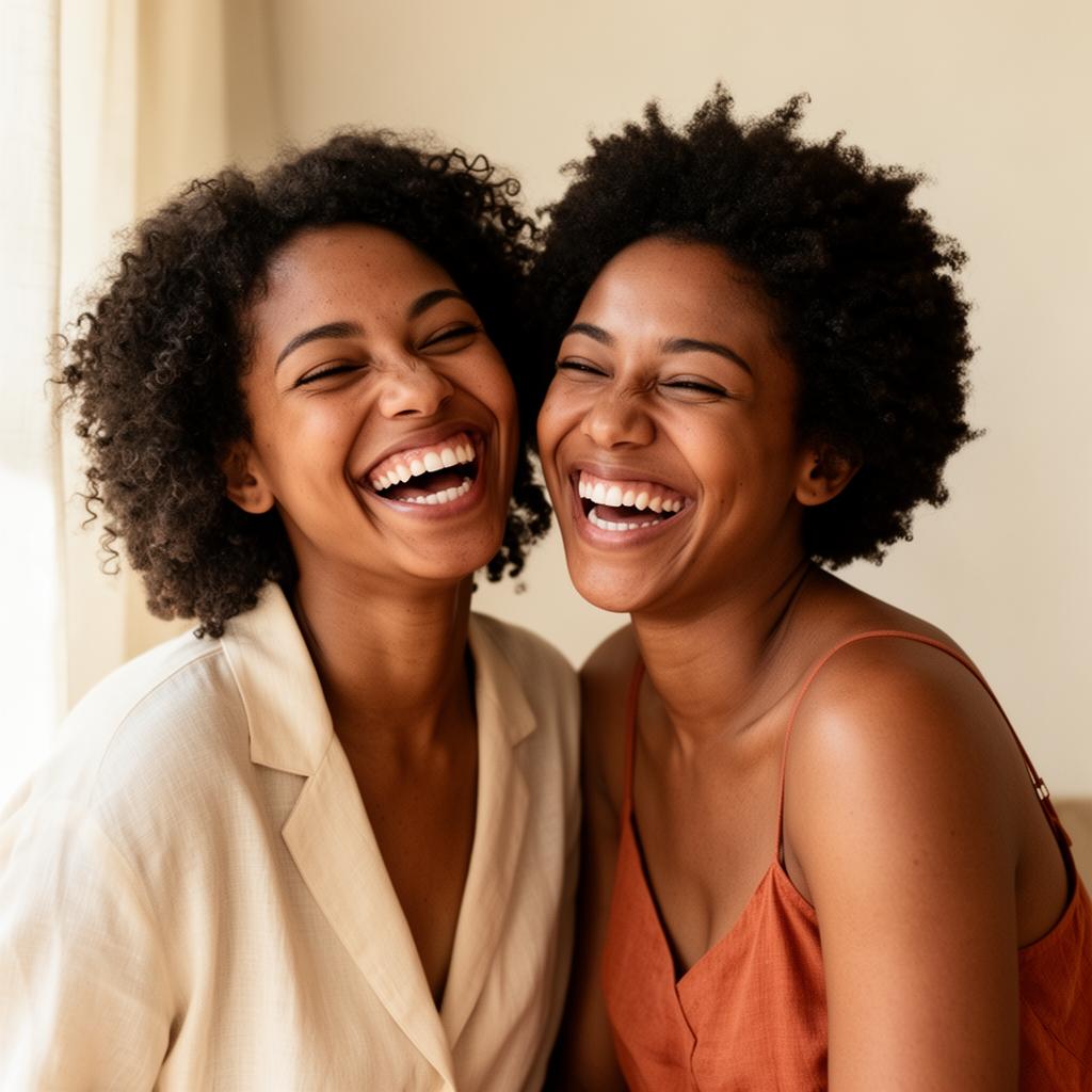 Two Afro women laughing together
